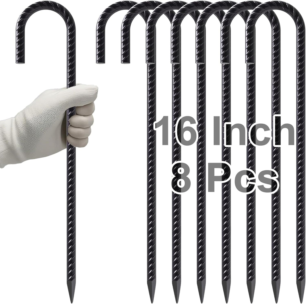 VVOKGO Rebar Stakes 16 Inches J Hook Heavy Duty Chain Link Fence Stakes, 8 Pcs Metal Long Tent