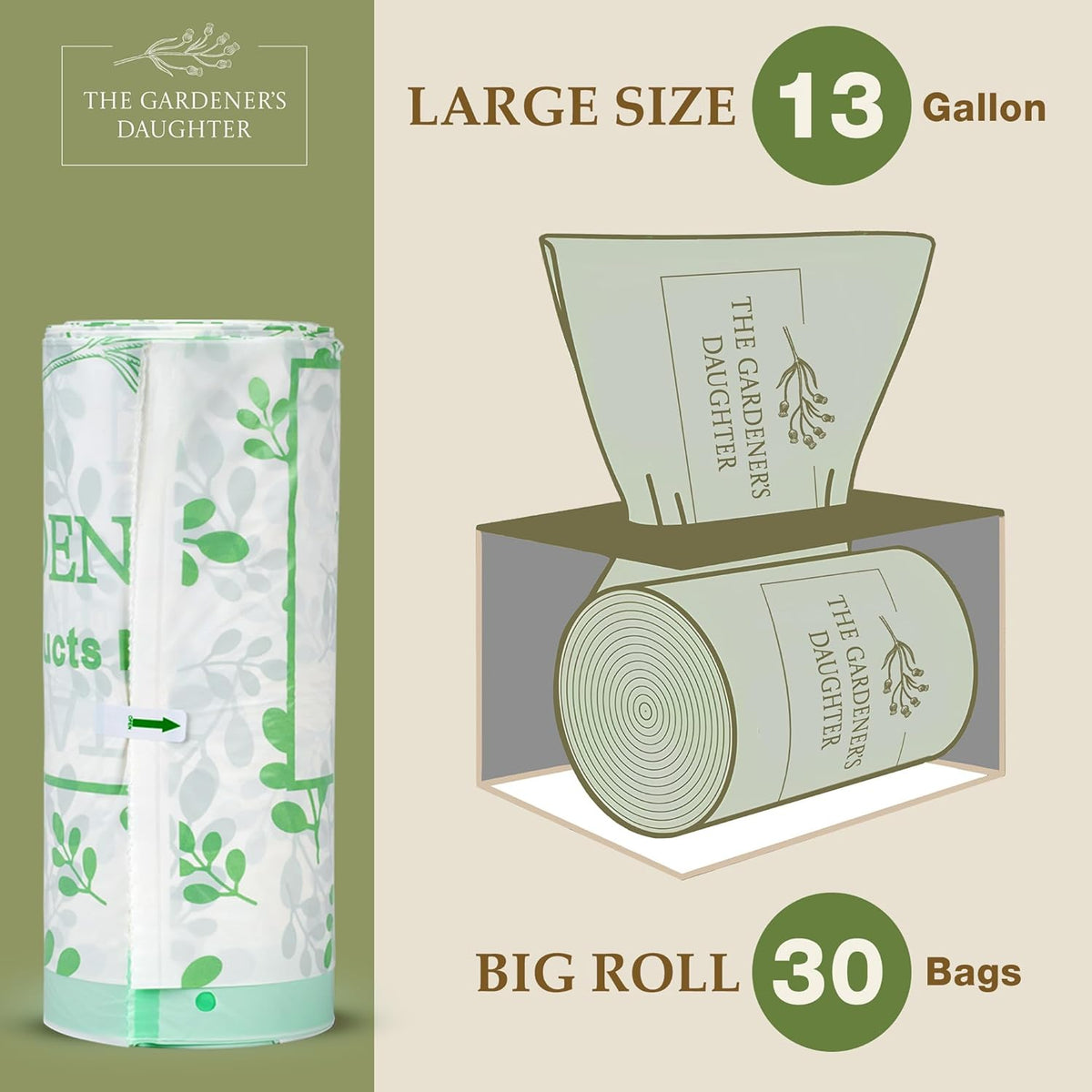 The Gardener's Daughter Compostable Trash Bags - 13 Gallon, 30 Count, Extra Strength, White