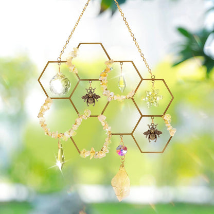 Tuitessine Crystals Suncatcher Window Hanging Bumble Bee Decor Honeycomb Light with Crystal Glass