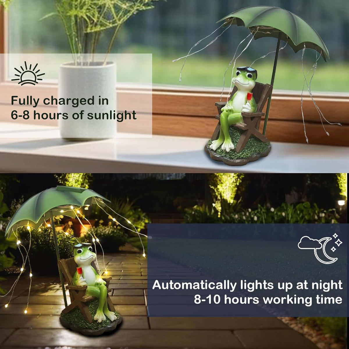 Solar Frog Outdoor Garden Statues Yard Decor - Solar Lantern LED Red Wine Frogs Umbrella Figurine