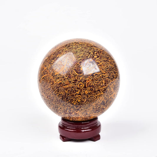 JIC Gem Golden Jade Quartz Crystal Ball Healing Crystal Gemstone Sphere with Decorative Wooden