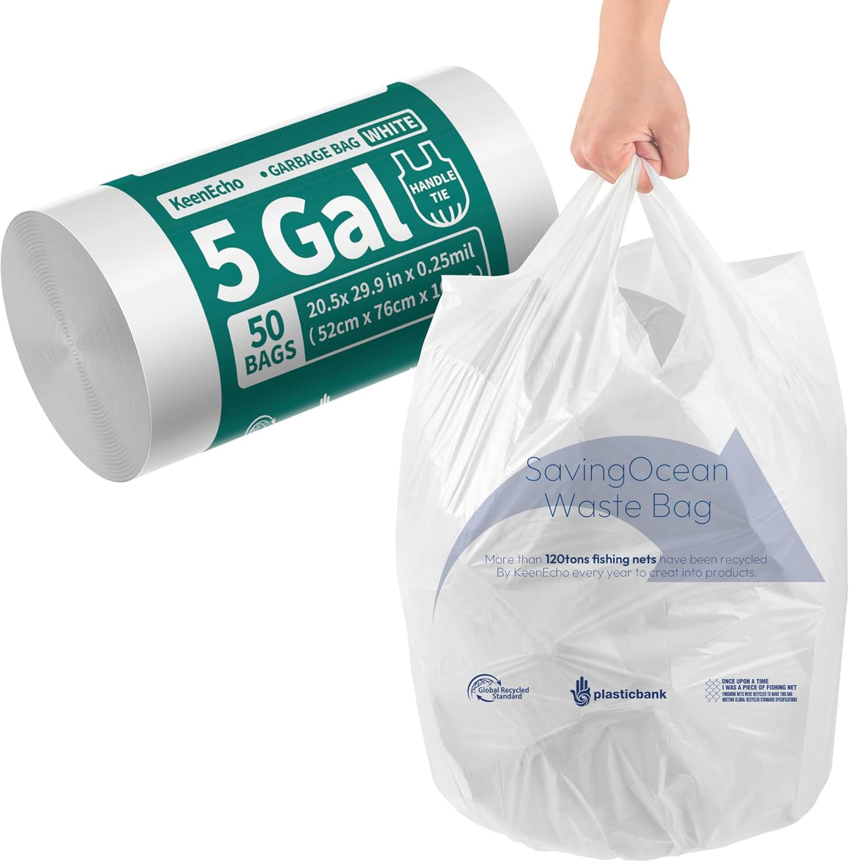 Small Trash Bags with Handles 5 Gallon 50 Count White - Ocean Plastic Upcycling - Plastic Garbage