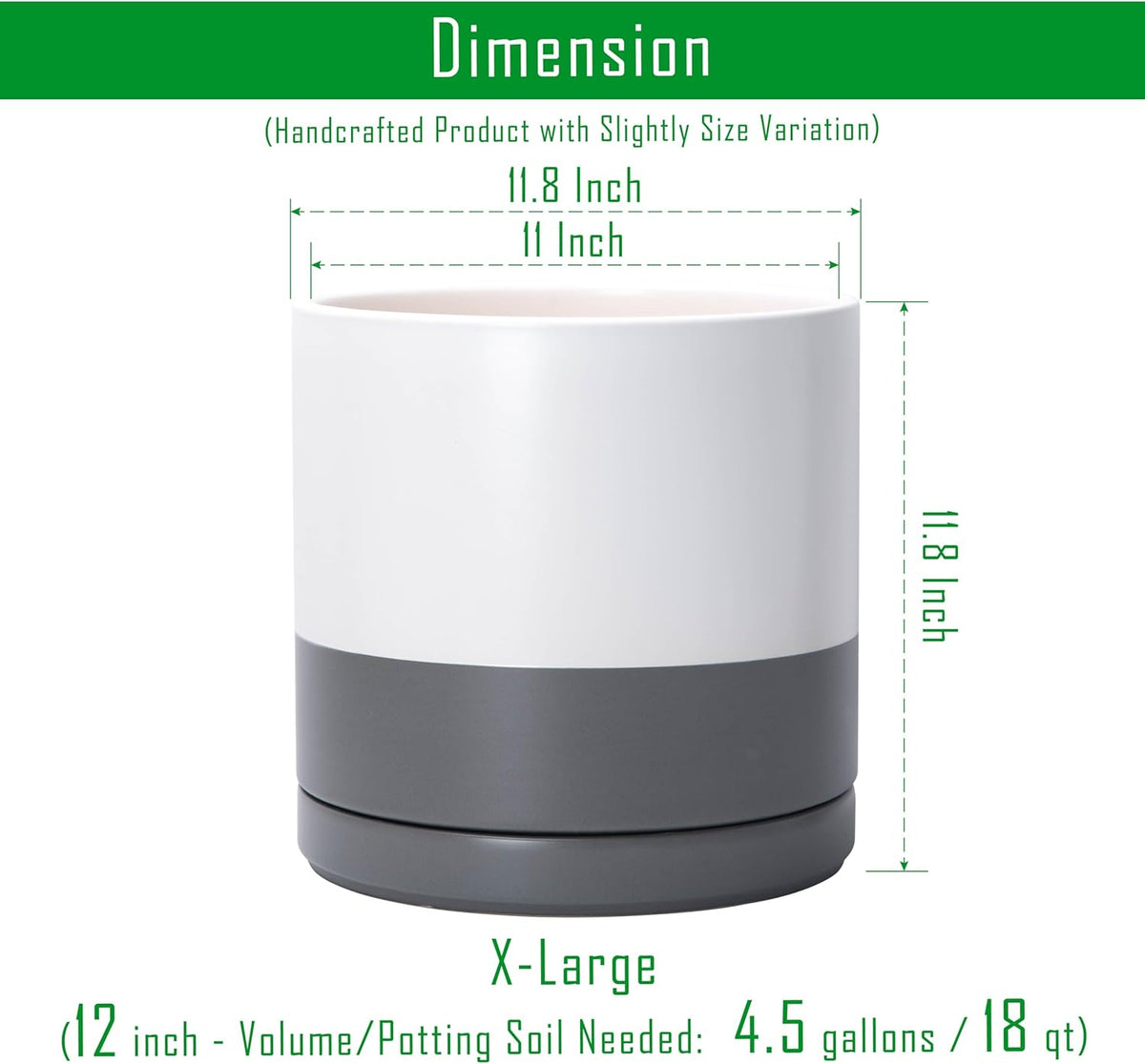 D'vine Dev 12 Inch Ceramic Planter Pot with Drainage Hole and Saucer, Indoor Cylinder Round Planter