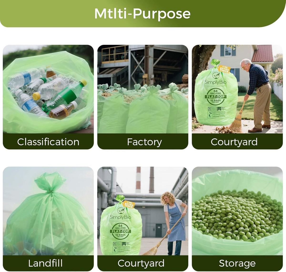 64 Gallon Compostable Trash Bags Flat-Top, Heavy Duty Extra Thick 2 Mil, 242.27 Liter, 12 Bags
