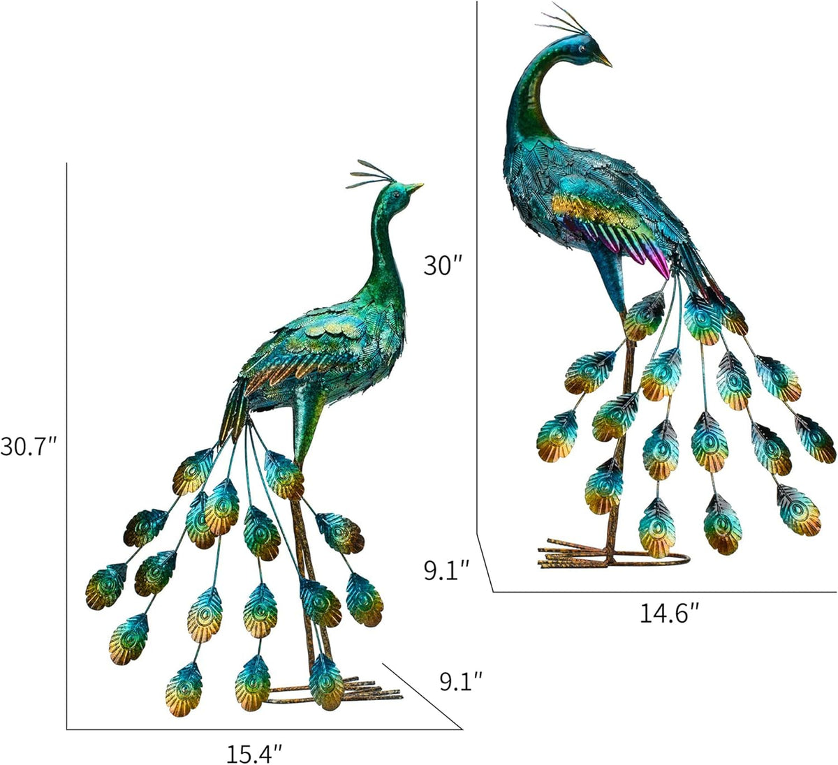 Kircust Metal Peacock Sculptures - Set of 2 Outdoor Garden Yard Art, Durable Weather-Resistant Lawn