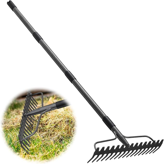 Garden Leaf Rake with 77 Inch Handle, Heavy Duty 17 Inch Wide Metal Garden Lawn Rake for Loosening