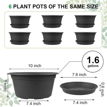 6 Pack 10 inch Plant Pot, Round Plastic Plant Pots, Outdoor Pots for Plants with Drainage Hole &