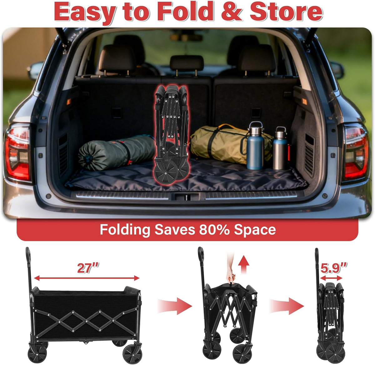 Collapsible Folding Utility Wagon Cart with Wheels, 360 Lbs Heavy Duty Outdoor Foldable Wagon with