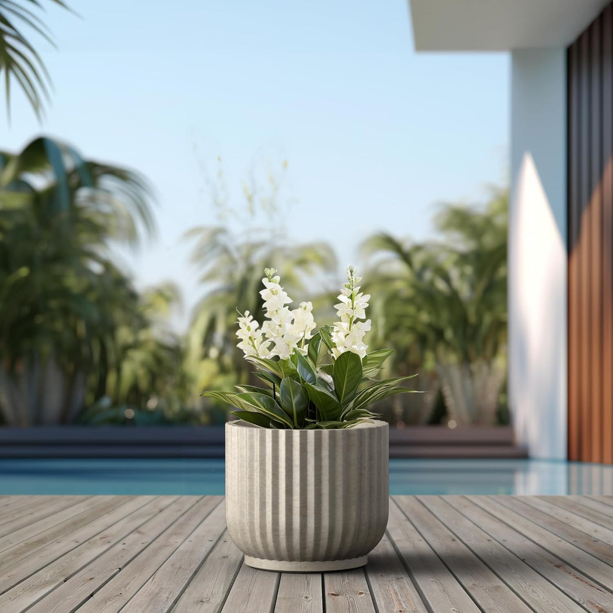 Kante Round Fulted Planter, 14 Inch Dia Large Concrete Plant Pots with Drainage Hole and Rubber