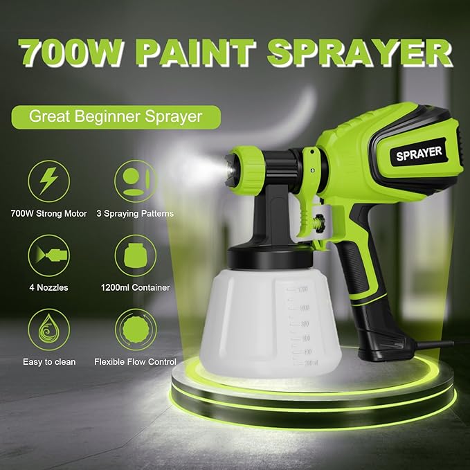 Paint Sprayer 700W, Electric HVLP Paint Spray Gun, with 4 Nozzles and 3 Patterns Cleaning & Blowing
