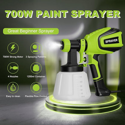 Paint Sprayer 700W, Electric HVLP Paint Spray Gun, with 4 Nozzles and 3 Patterns Cleaning & Blowing