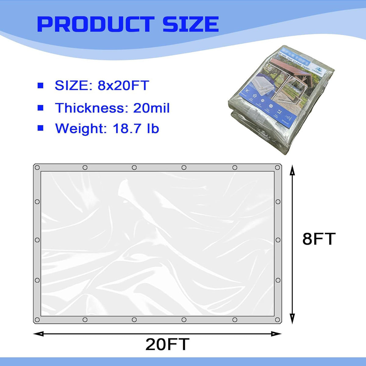 Clear Tarp 8 x 20FT, 20 Mil Clear Vinyl Tarp, Small Cover Plastic Sheeting with Grommets