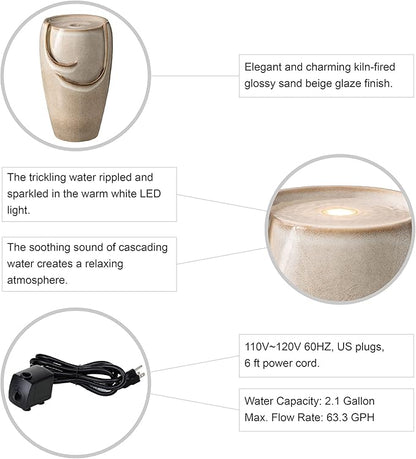 Glitzhome 21.25" H Ceramic Vase Outdoor Water Fountain Tall Patio Garden Water Fountain with LED