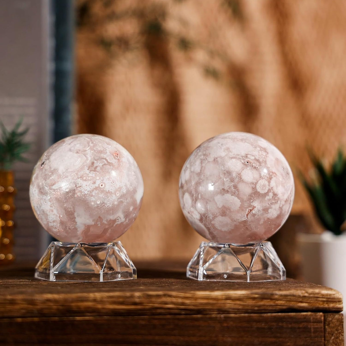 Natural Cherry Blossom Agate Crystal Ball with Acrylic Display Base, 61-70mm Polished Stone Feng