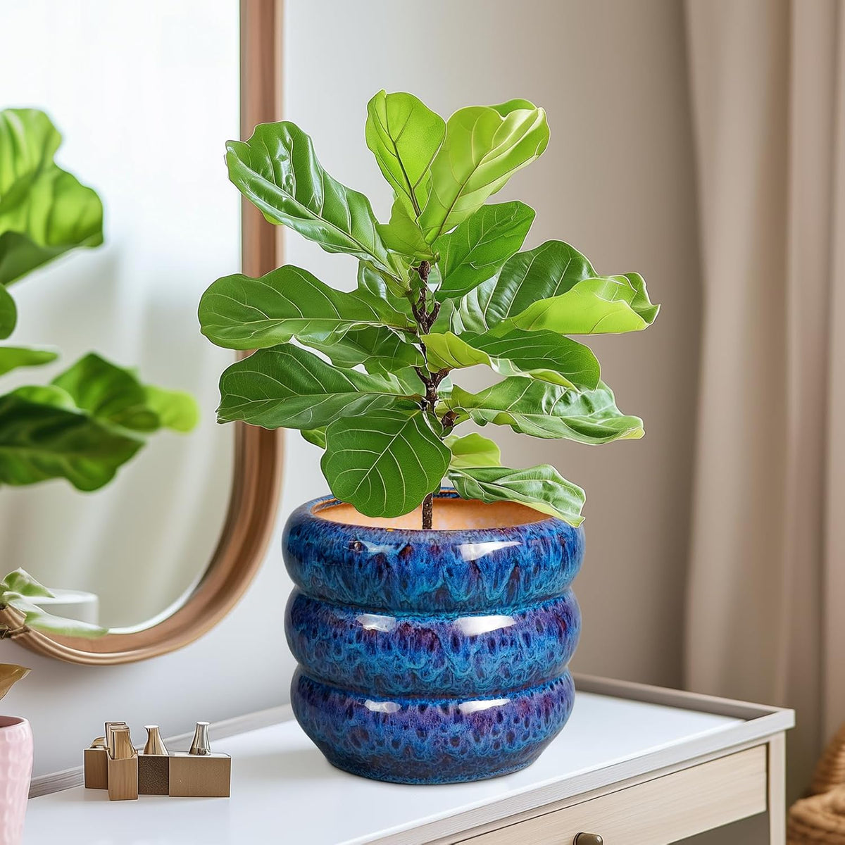 SQOWL Ceramic Planter Pot - 8 Inch Plant Pot Indoor with Drainage Hole Round Outdoor Pot for Plants