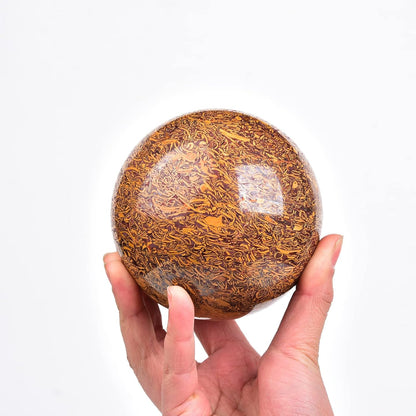 JIC Gem Real Natural Large Crystal Sphere Ball with Wooden Stand for Fengshui Golden Jade Healing