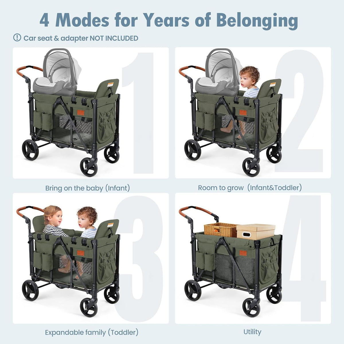 Wagon Stroller for 2 Kids, High Seat & 5 Point Harness, Foldable All-Terrain Wagon for Toddler with