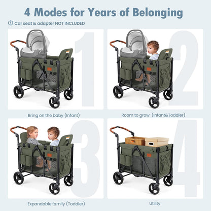 Wagon Stroller for 2 Kids, High Seat & 5 Point Harness, Foldable All-Terrain Wagon for Toddler with
