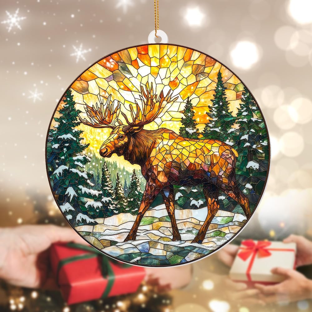 Stained Glass Style Acrylic Moose Ornament 2025 - Rustic Cabin Christmas Tree Ornament, Wildlife