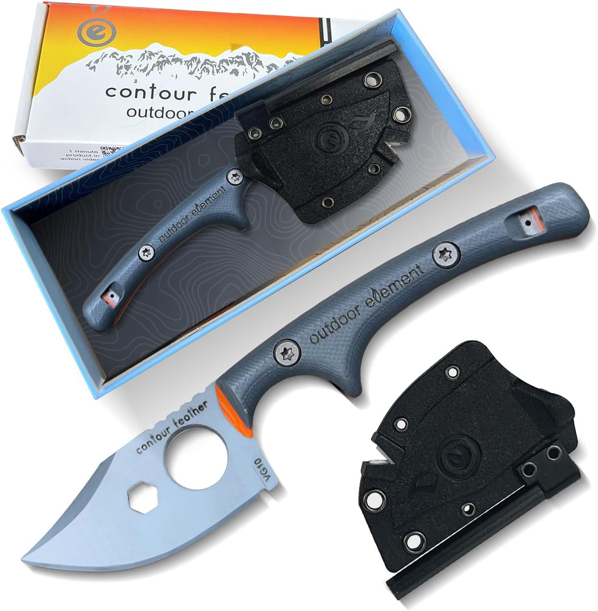 OUTDOOR ELEMENT Contour Feather Survival and Culinary Knives – VG10 Steel Fixed Blade with Fire