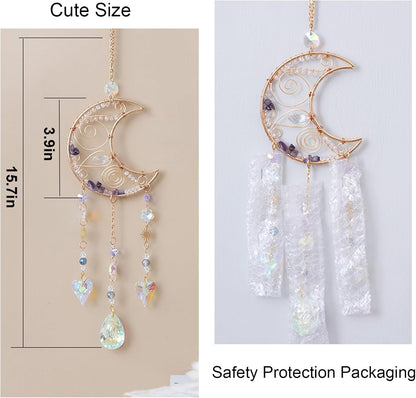 TUOKING Crystal Moon Suncatchers for Window Hanging Natural Healing Stones Wind Chimes Sun Catcher