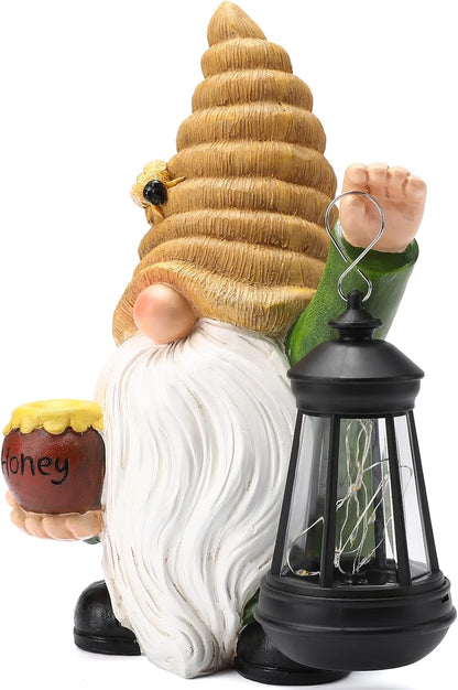 12.3''Solar Garden Gnomes Outdoor Decor Honey Bee jar Gnome Statues with LED Lantern Xmas Patio