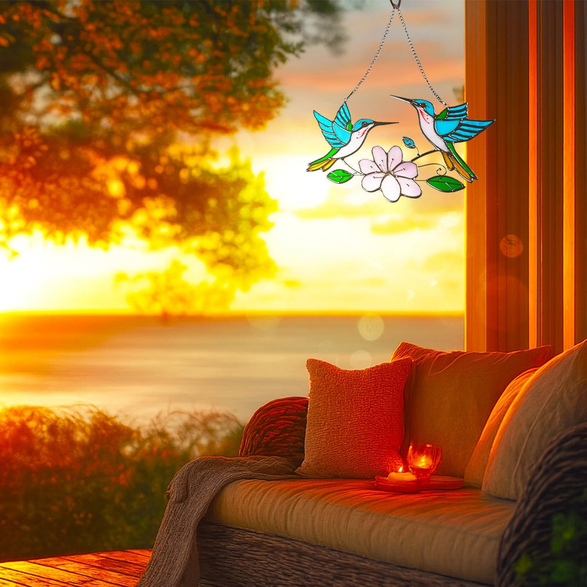 Stained Glass Window Hanging, Duo-Humming Bird Style, Colorful Sun Catcher Panel for Indoor/Outdoor