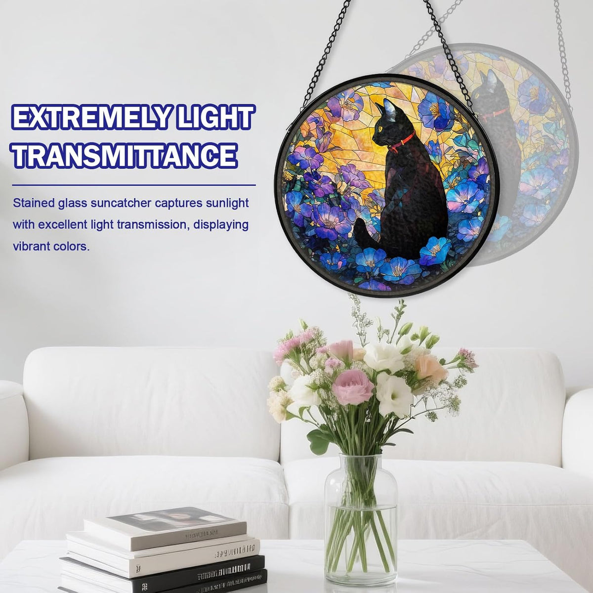 Cat Stained Glass Window Hanging, Flower Suncatcher Diamond Glass Panel Hangings, Sun Catchers