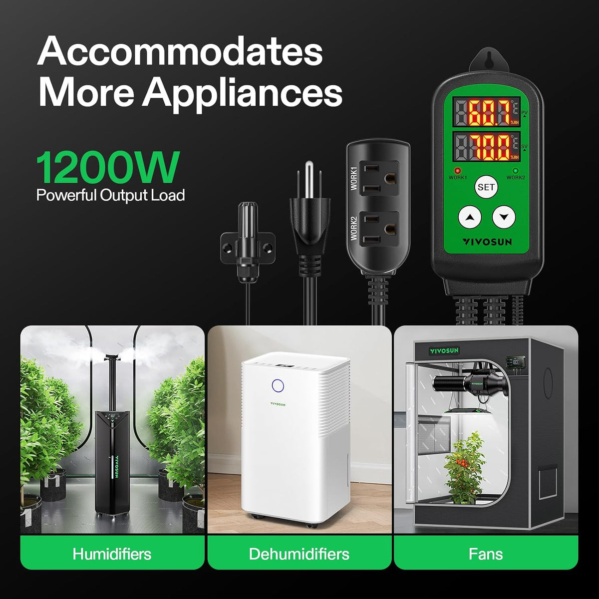 VIVOSUN Humidity Controller, 1200W Dual-Stage Outlet, Pre-Wired Digital Humidistat with Dual LED