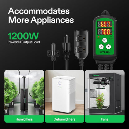 VIVOSUN Humidity Controller, 1200W Dual-Stage Outlet, Pre-Wired Digital Humidistat with Dual LED