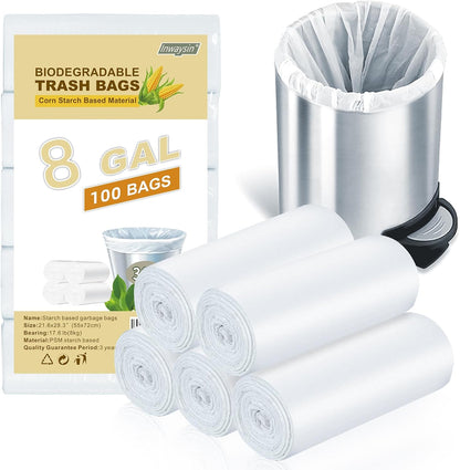 Medium Trash Bags 8-Gallon Compostable-Garbage-Bag - 100 Counts Clear White Tall Kitchen Unscented