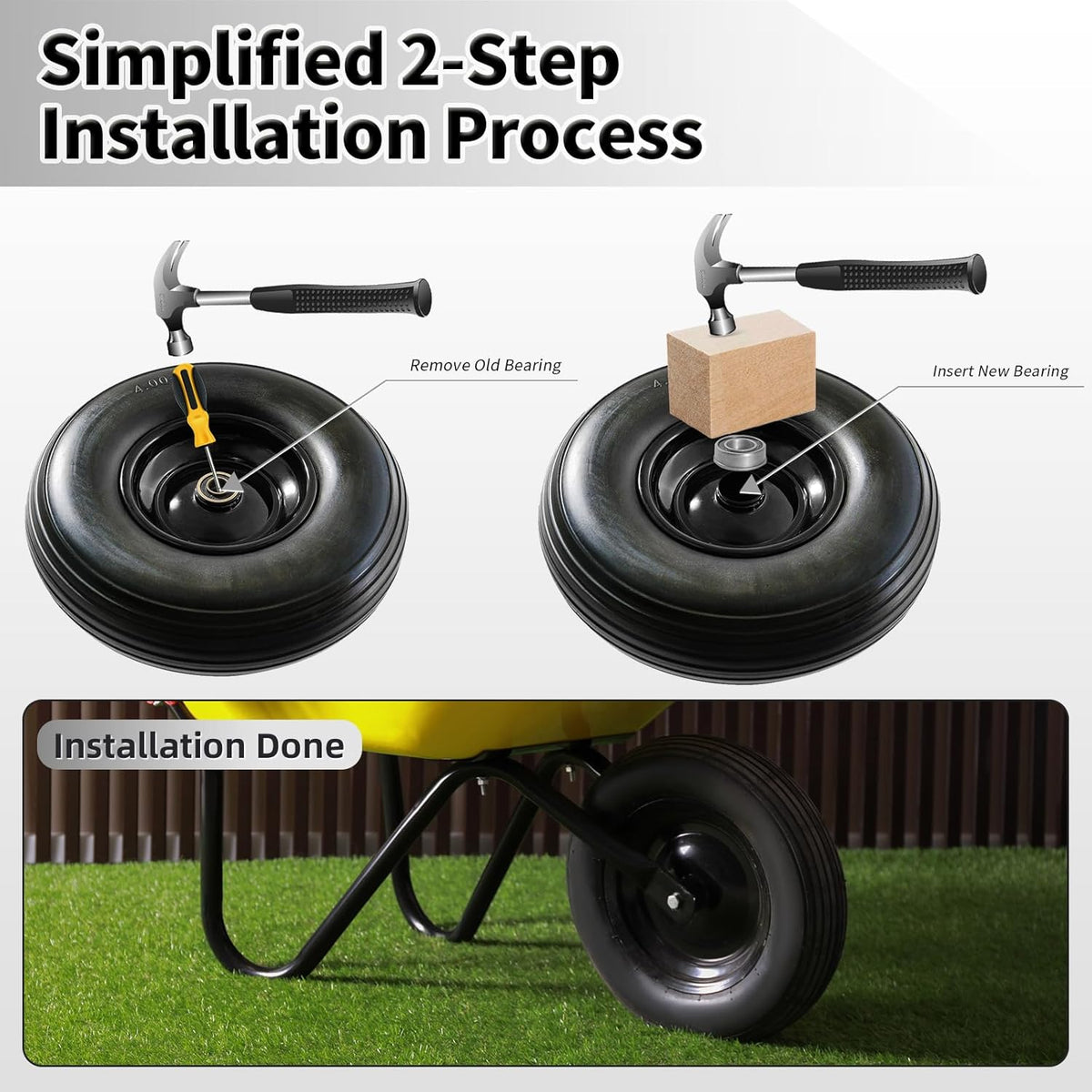 13 Inch Solid Tire Wheel - Replacement 4.00-6" Flat Free Heavy Duty Wheel with 5/8", 3/4" Bearings