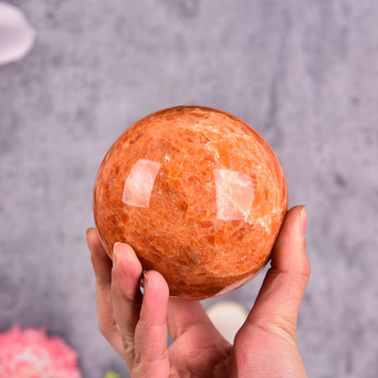 JIC Gem Natural Sunstone Sphere Ball with Wooden Stand for Fengshui Rare Healing Crystal Decoation