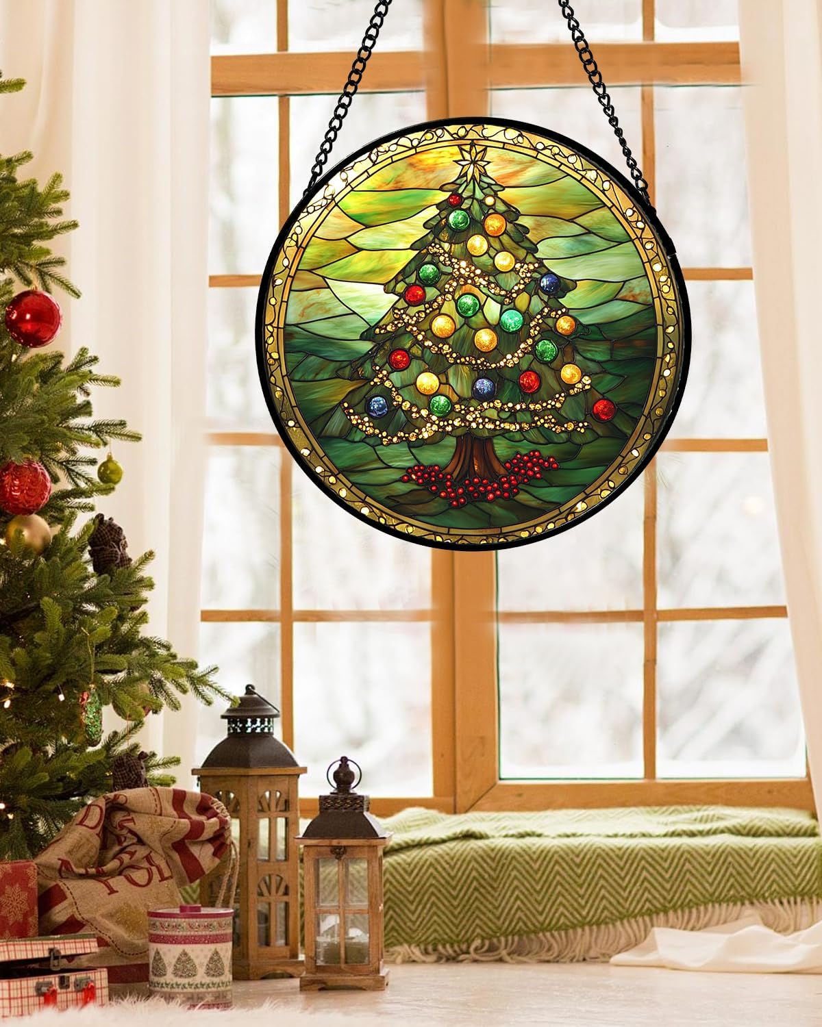 Stained Glass Window Hanging - Green Christmas Tree Gold Ribbon Suncatcher for Doors Home Christmas