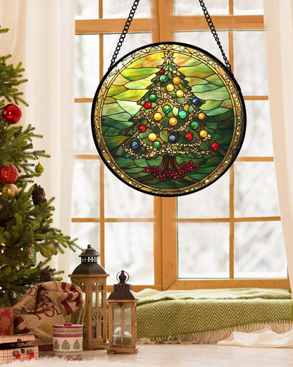 Stained Glass Window Hanging - Green Christmas Tree Gold Ribbon Suncatcher for Doors Home Christmas