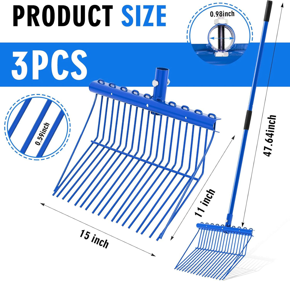 Lasnten 3 Sets Metal Manure Fork with Long Metal Handle Pitch Fork Manure Rake Heavy Duty Muck Rake