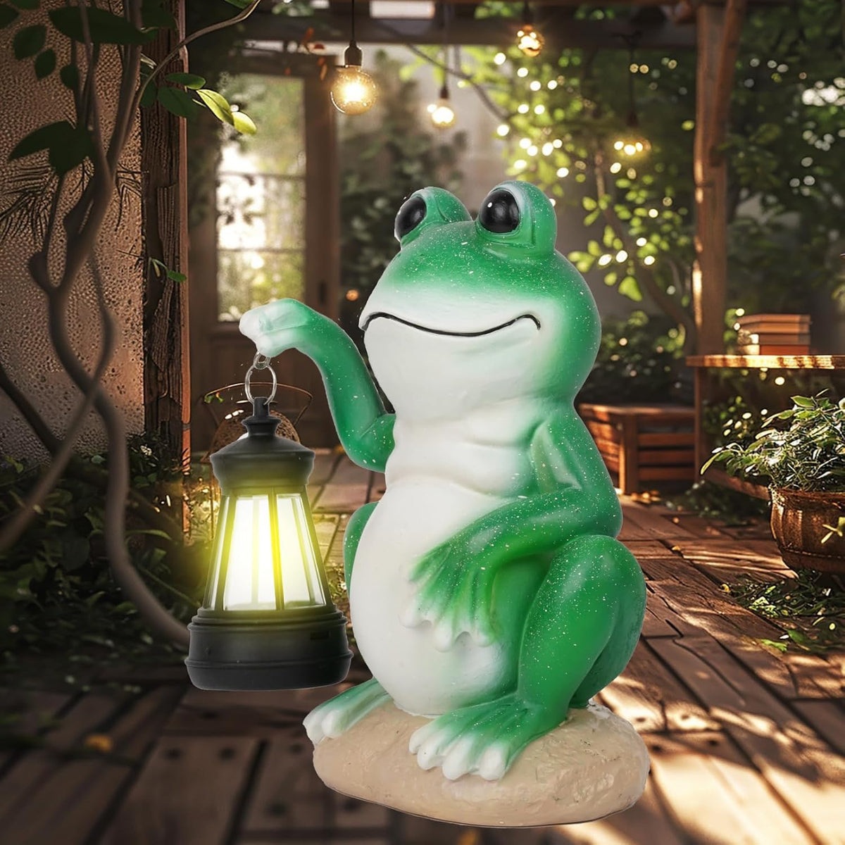 Frog Garden Statues with Solar Lantern, Outdoor Figurine Resin Sculpture Hanging Solar Power Lights