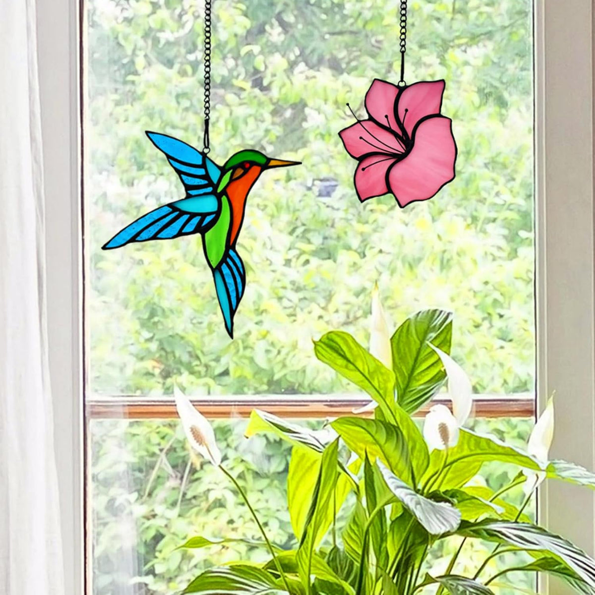 2 Pack Stained Glass Hummingbird with Flower Suncatcher for Window Hanging Ornament, Sun Catchers