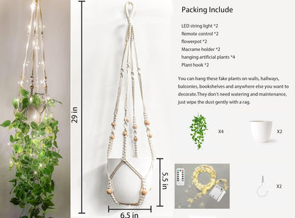2 Packs Fake Hanging Plant with Lights Artificial Plants with Pots for Home Decor Macrame Plant