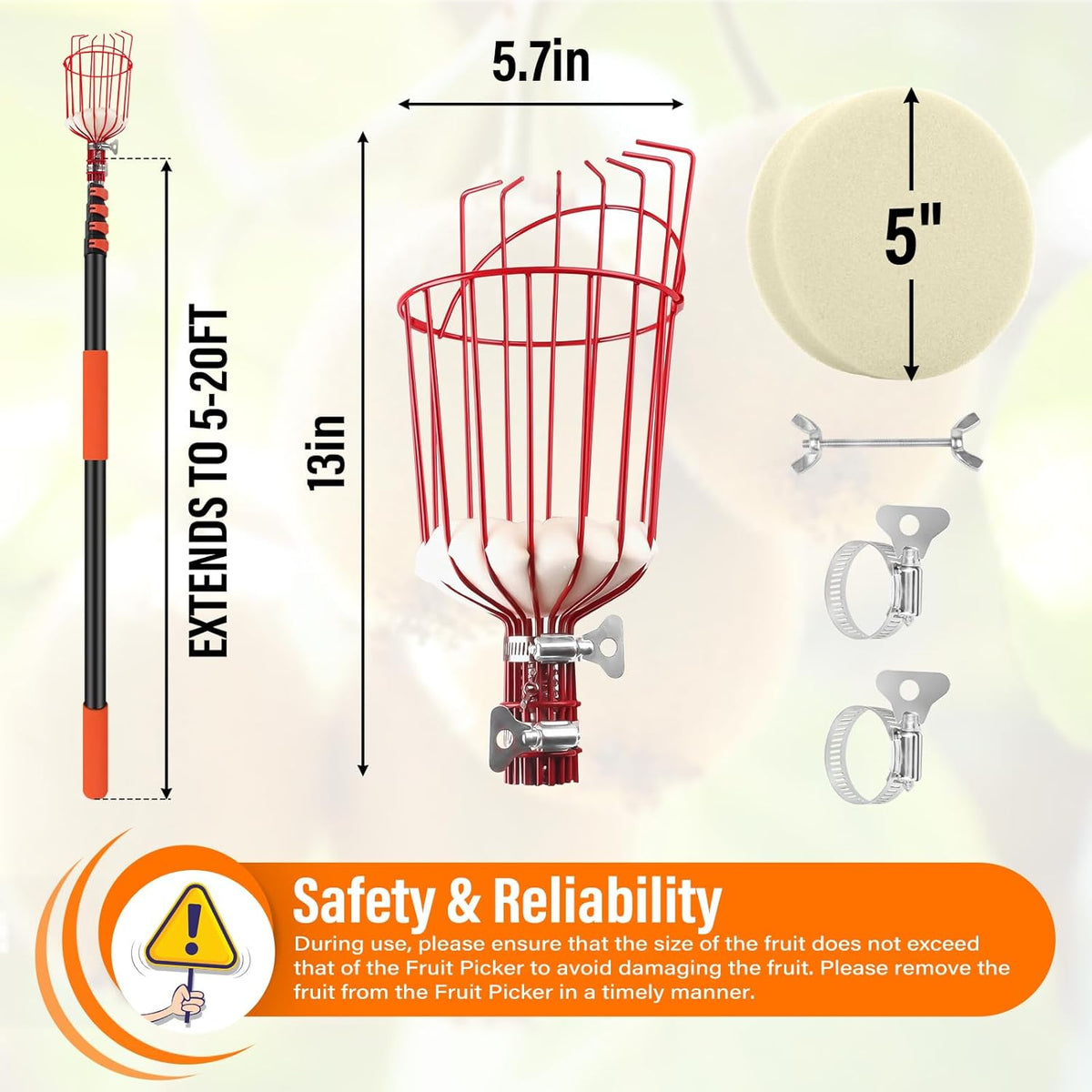 26FT Reach Fruit Picker Pole with Basket Telescoping,Apple Picker Pole with Basket,Lightweight