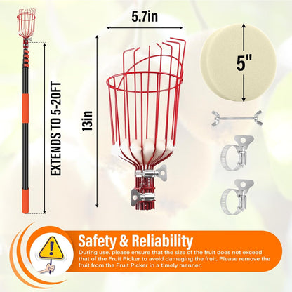 26FT Reach Fruit Picker Pole with Basket Telescoping,Apple Picker Pole with Basket,Lightweight