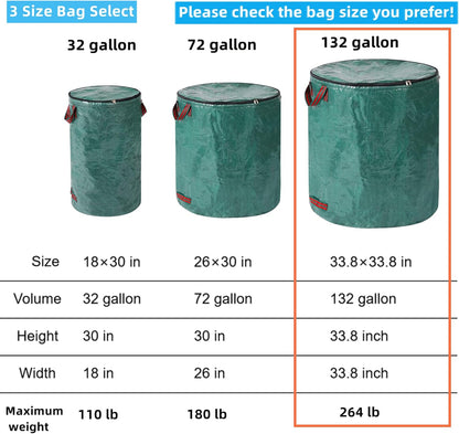4 Pack 132 Gallons Reusable Yard Waste Bags with Double Bottom and Zipper Lid, Heavy Duty with 4