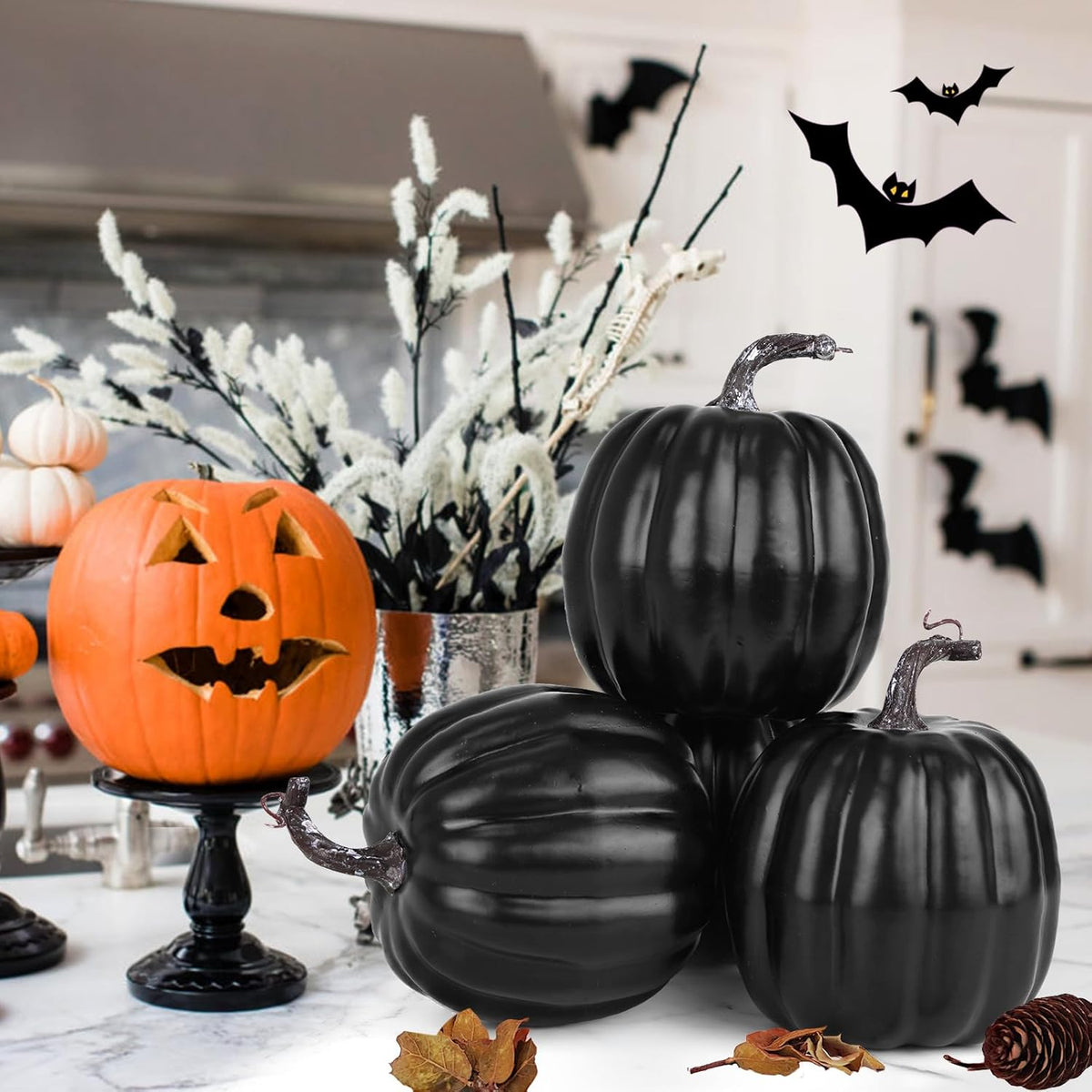 Artmag 6 Inch Large Artificial Pumpkins, 4PCS Big Black Faux Foam Harvest Pumpkins for Fall Autumn
