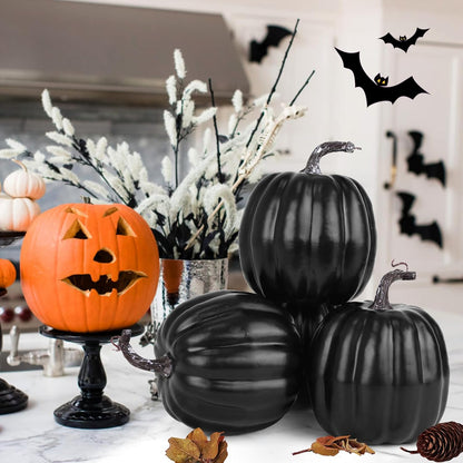 Artmag 6 Inch Large Artificial Pumpkins, 4PCS Big Black Faux Foam Harvest Pumpkins for Fall Autumn