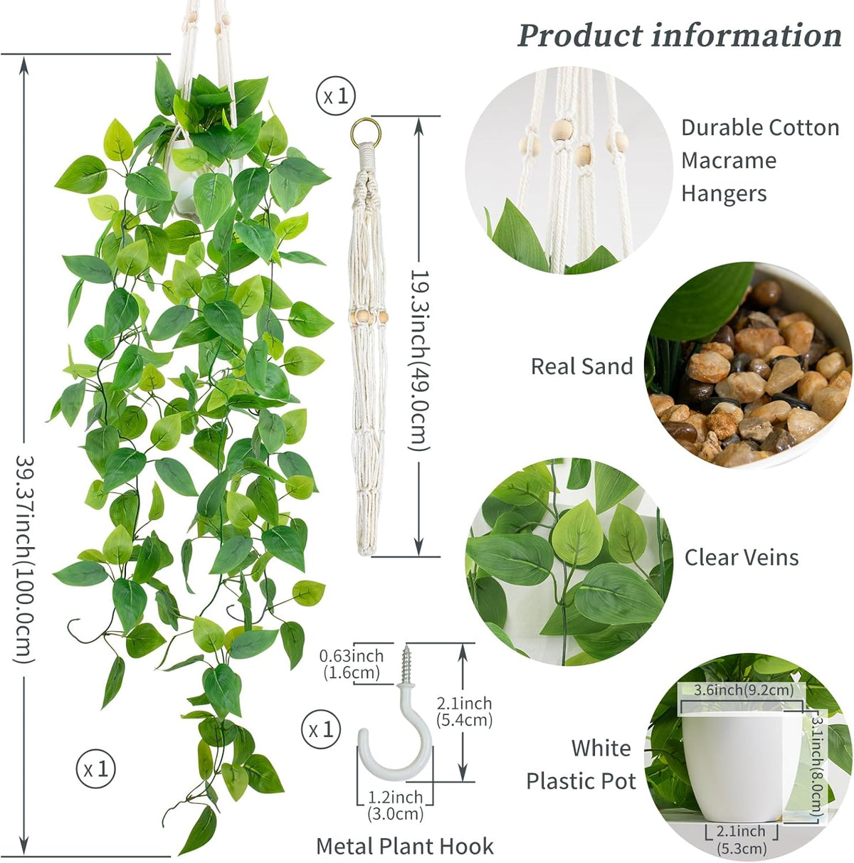 LOYWREE 1 Pack Artificial Hanging Plant Kit with Pot and Hanger - 39" Long Fake Pothos Vines