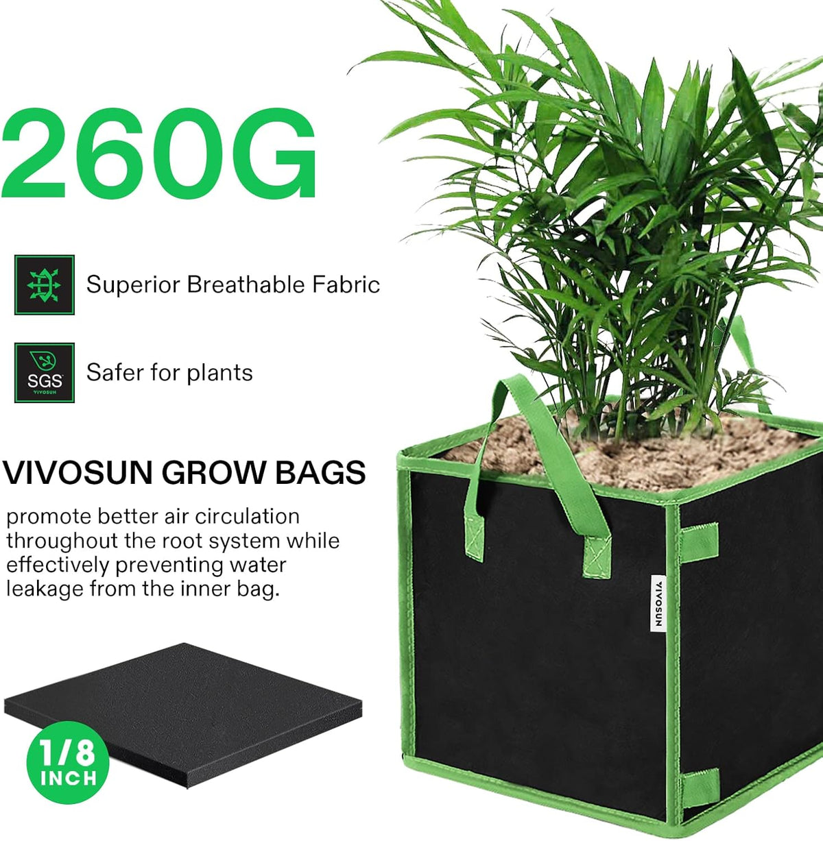 VIVOSUN 5 Pack 7 Gallon Square Grow Bags, Thick Nonwoven Cubic Fabric Pots with Handles for Indoor