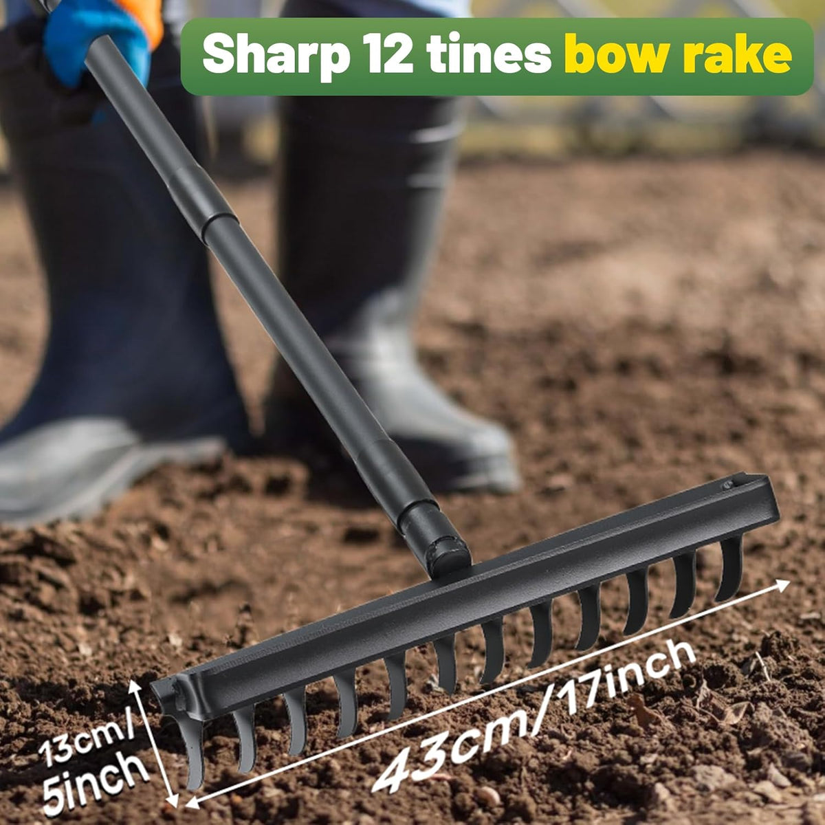 60" Bow Rake 12 Tines Metal Head Rakes with Adjustable Handle, Thatch Rake for Gathering Thatch