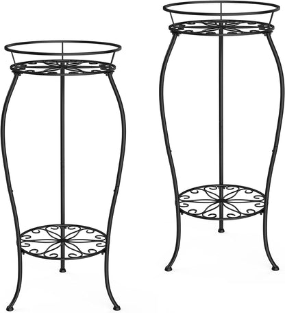 FaithLand 2 Pack Metal Plant Stands, Tall Planter Holder Indoor Outdoor, 2 Tier Round Potted