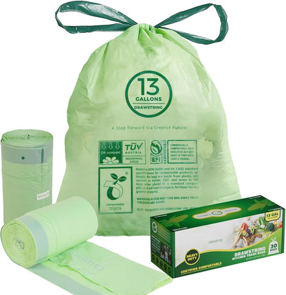 13 Gallon Compostable Trash Bags with Drawstring, Heavy Duty Extra Thick 1 Mil, 49.21 Liter, 30