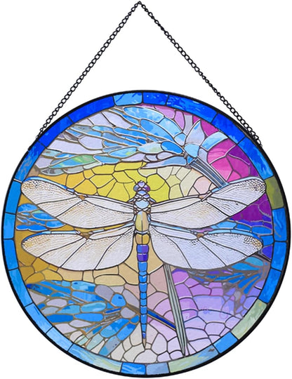 Hanging Stained Glass for Windows,20cm/7.87inch Dragonfly Hand-Painted Sun Catcher Garden Hangings